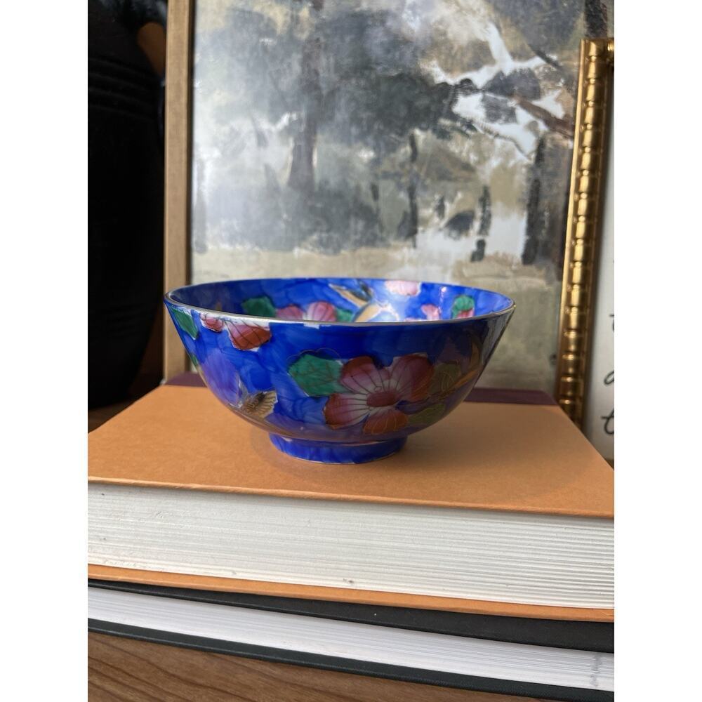 Vintage Floral Hummingbird Blue Bowl Decorative Asian Oriental Chinoiserie Bowl